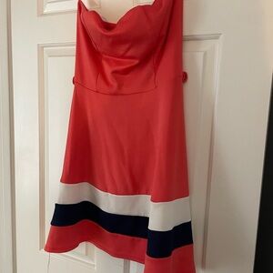 Chic Strapless Coral Dress with Navy and White Stripes